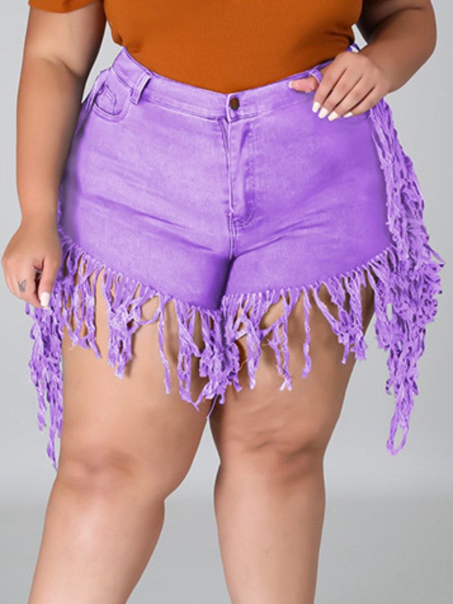 

LW Plus Size Casual Mid Waist Tassel Design Purple Denim Shorts