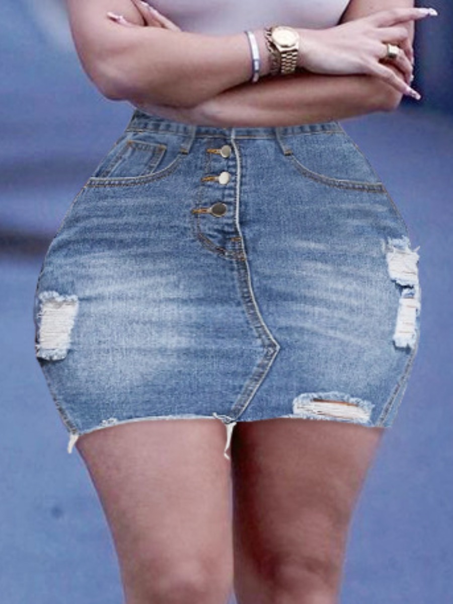 

Lovely Street Ripped Rw Edge Baby Blue Denim Skirt