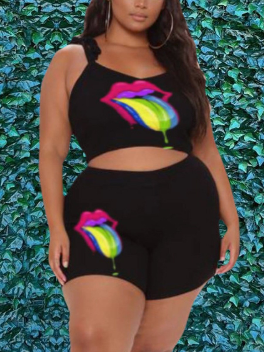 

LW Plus Size Casual U Neck Lip Print Black Two-piece Shorts Set