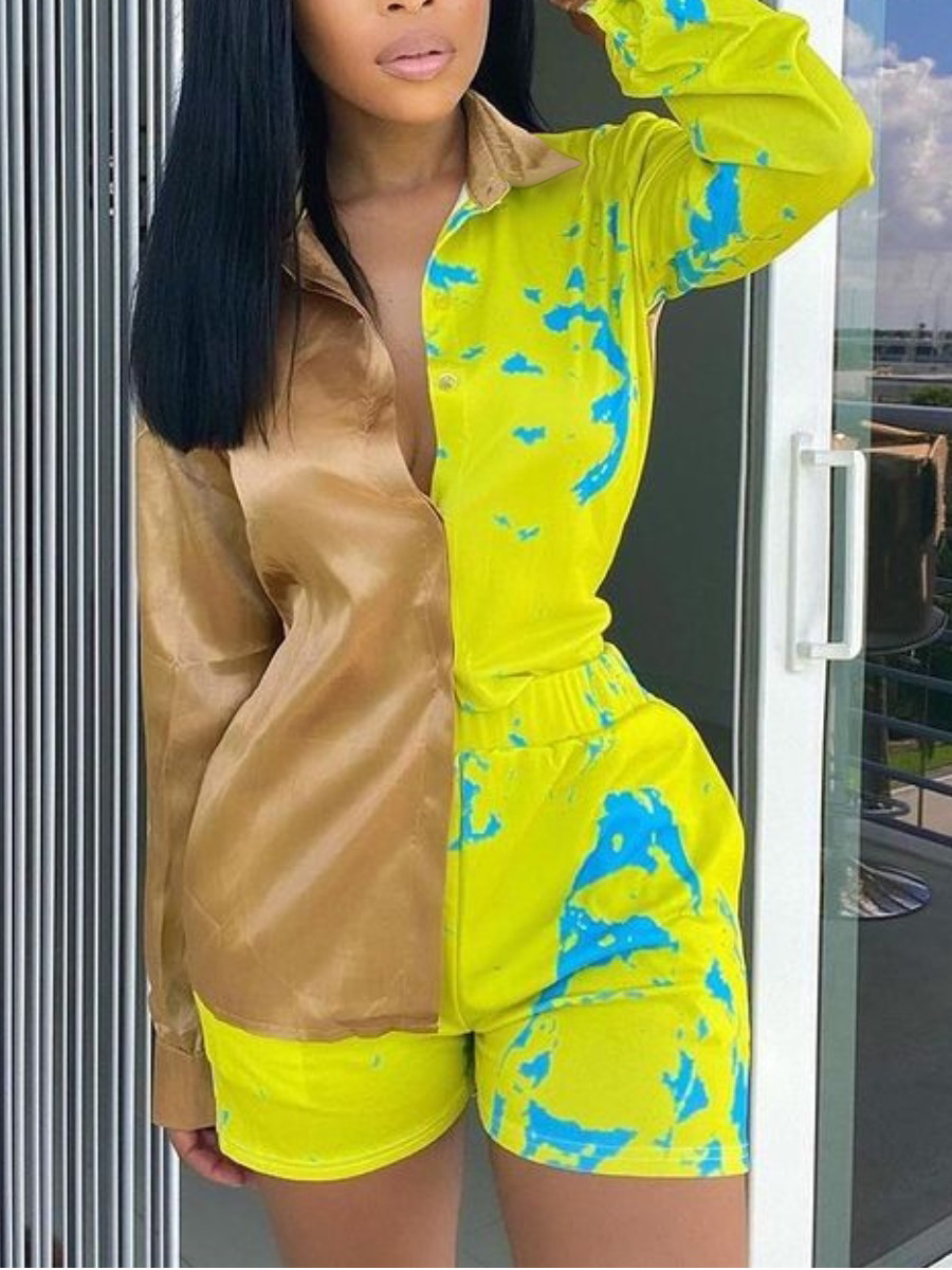 

Lovely Street Turndown Collar Tie Dye Yellow Two Piece Shorts Set