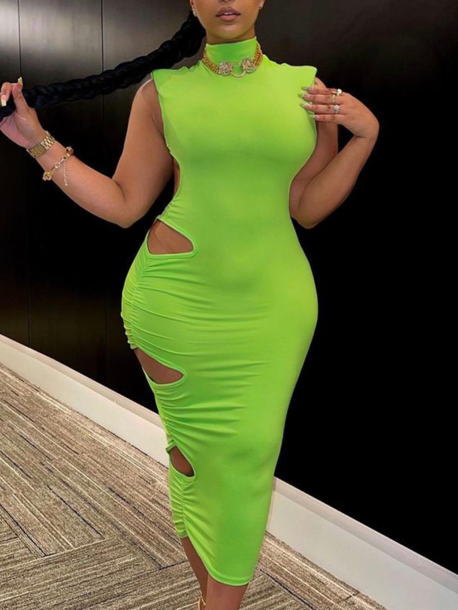 

Lovely Sexy Ruched Hollow-out Green Mid Calf Dress