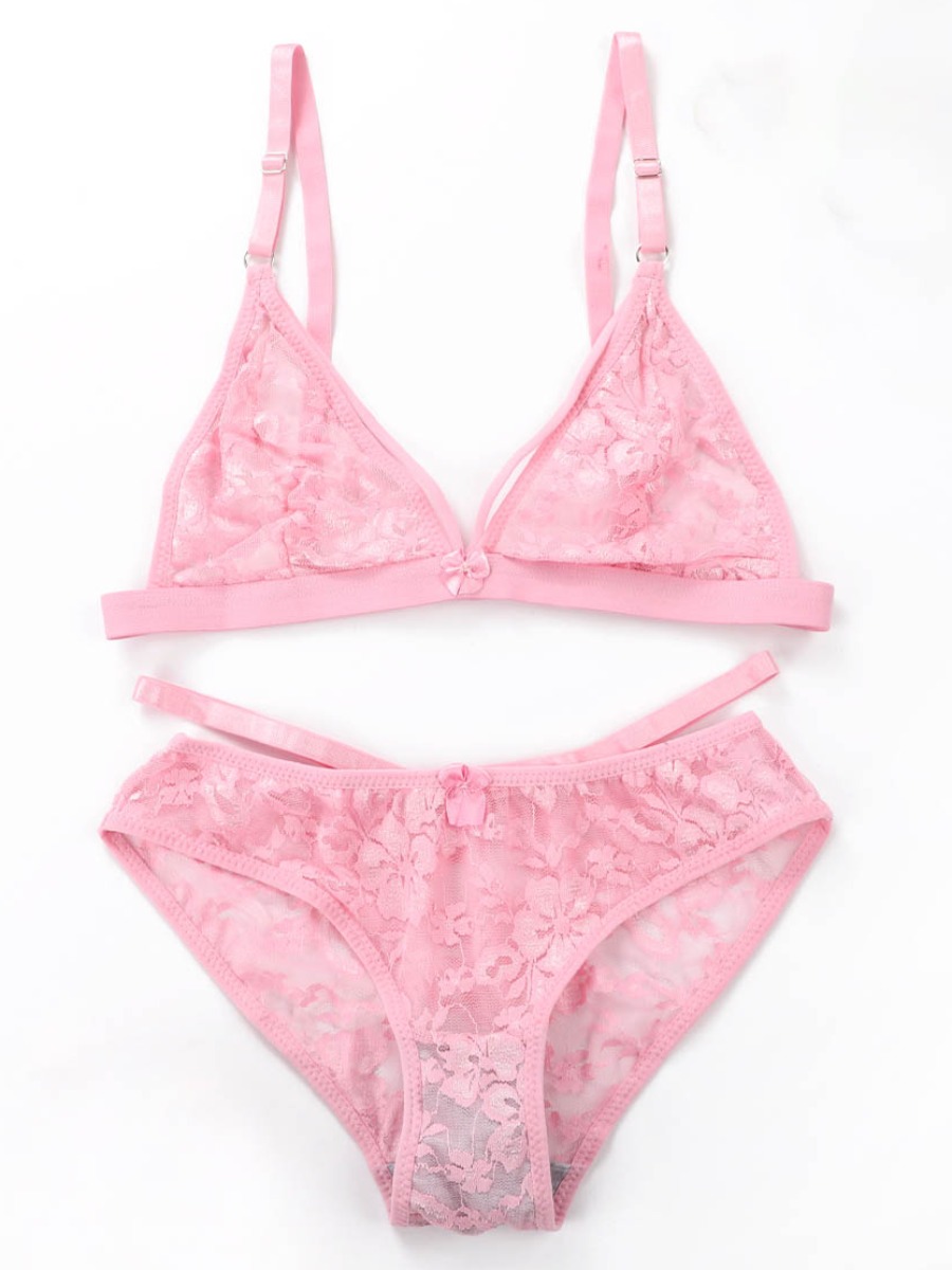 Lovely Sweet See-through Floral Decoration Pink Bra Set