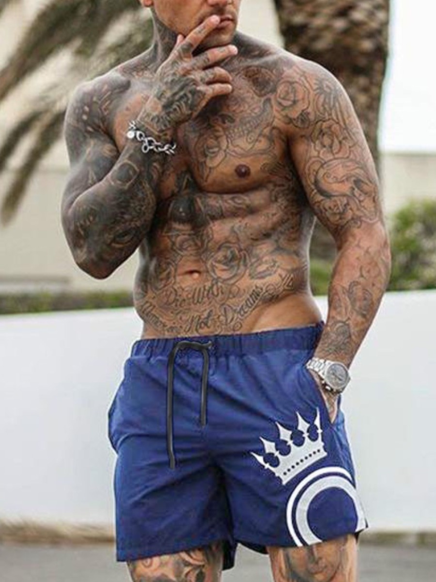 

Lovely Men Sporty Crown Print Drawstring Blue Swimming Trunk