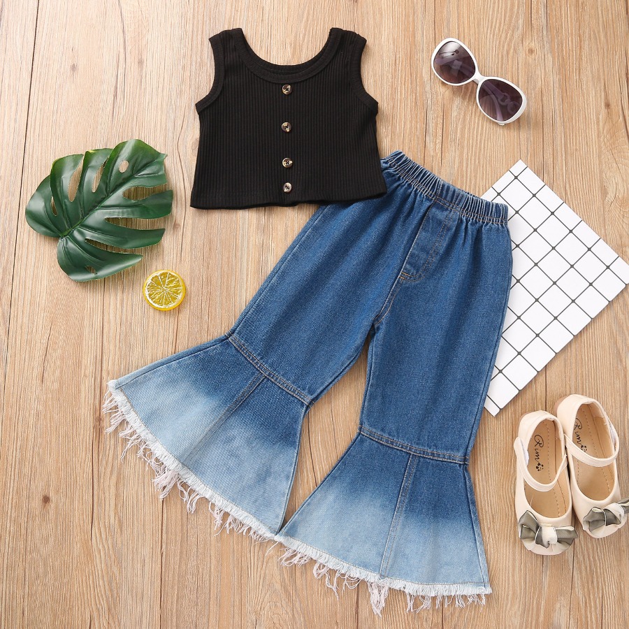 

Lovely Girl Casual Rib-Knit Flared Black Two Piece Pants Set