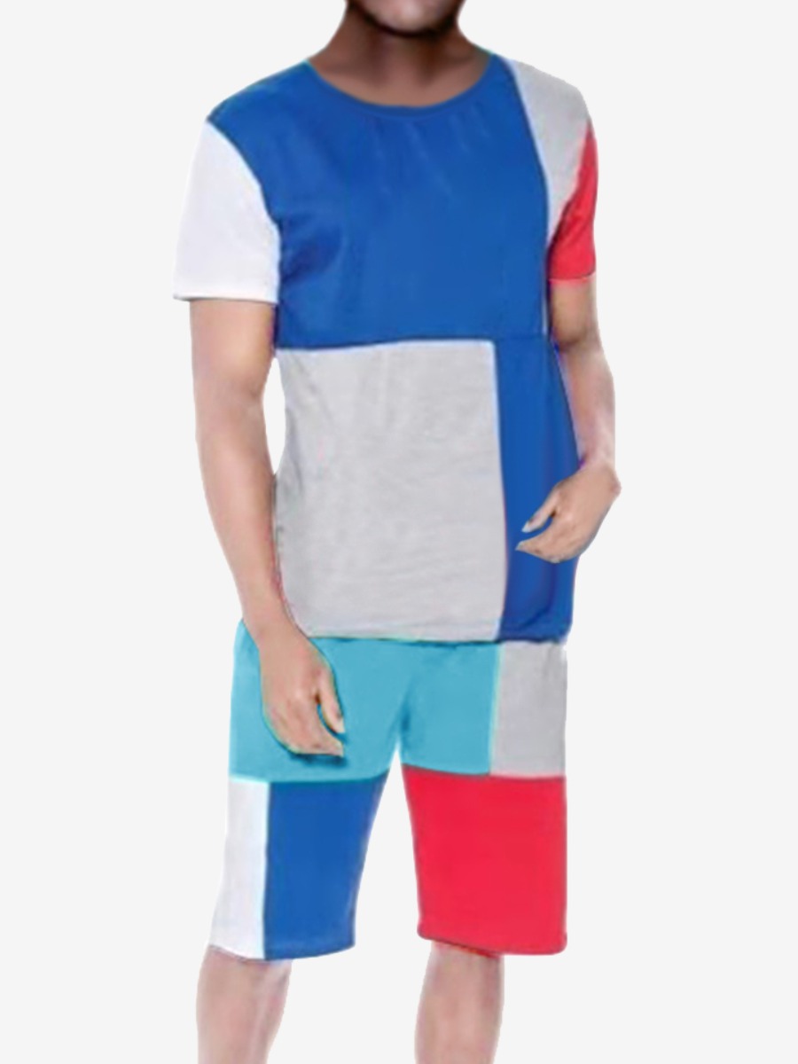 

Lovely Men Casual Round Neck Color-lump Blue Two Piece Shorts Set