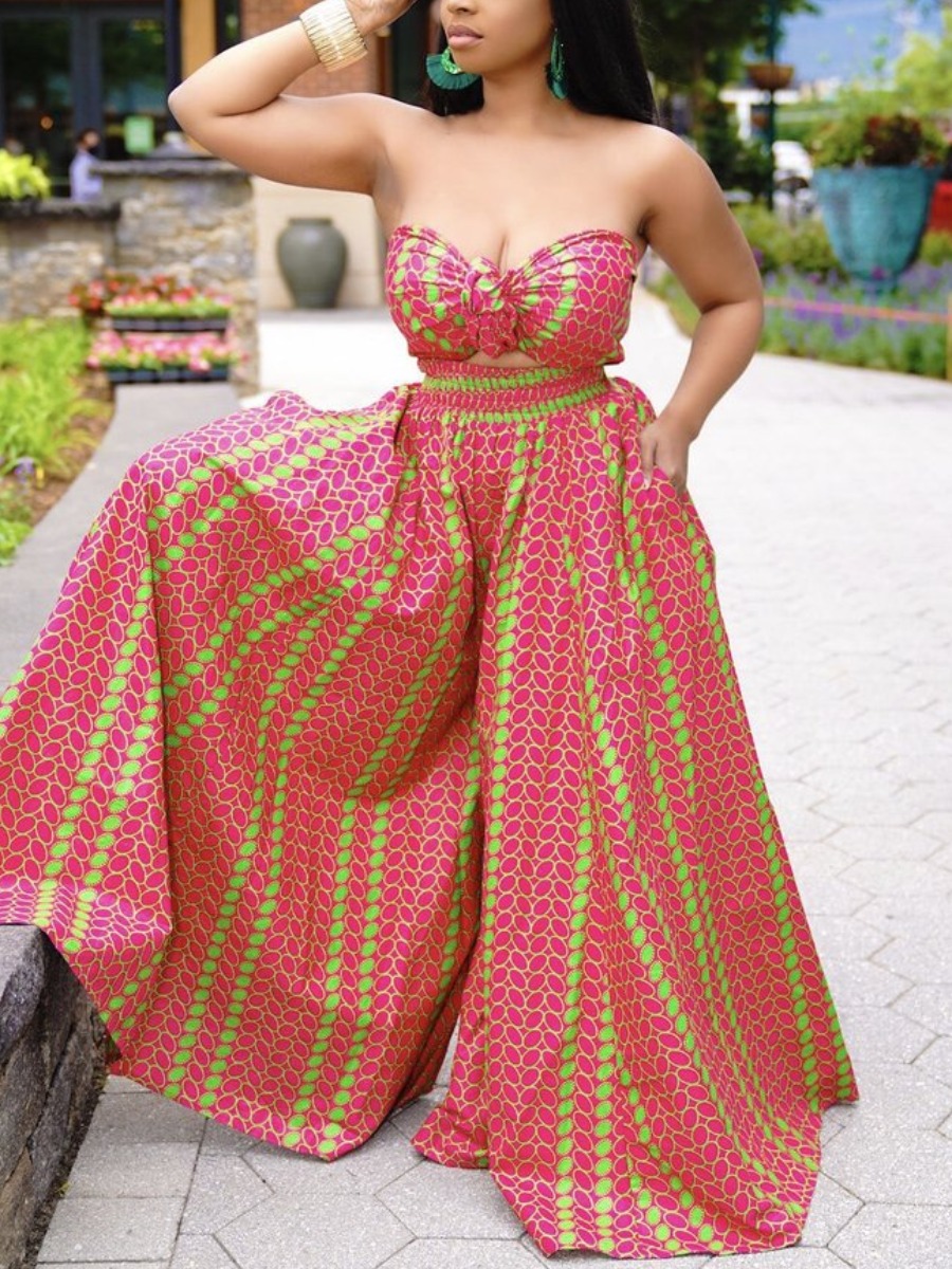 

Lovely Elegant Geometric Print Bandage Design Red Two Piece Pants Set