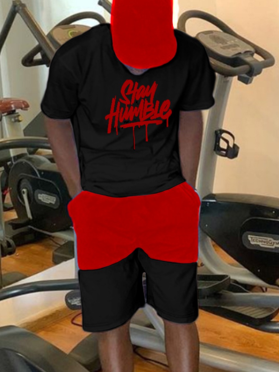 LovelyWholesale Men Letter Print Drawstring Shorts Set Summer Short Sleeve Casual Letter Round Neck Spring Summer 2024