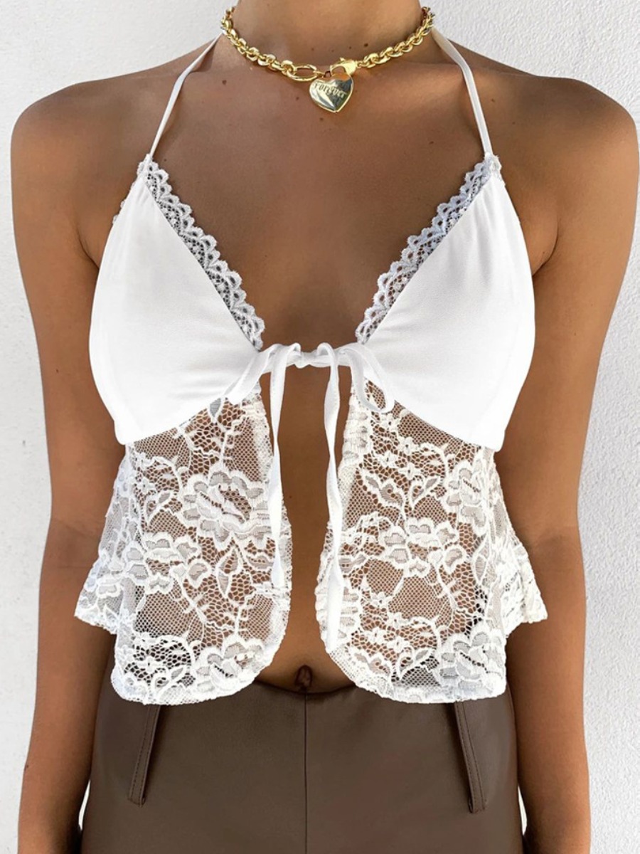 

Lovely Sweet See-through Floral Decoration White Camisole