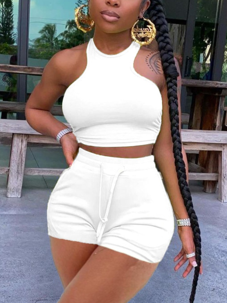 LW Street Round Neck Drawstring White Two Piece Shorts Set