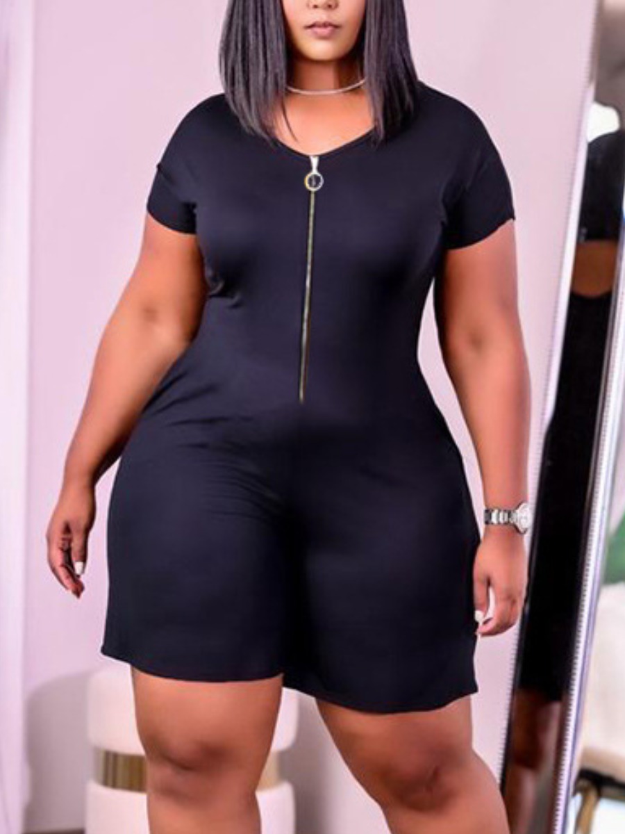 

Lovely Plus Size Casual Round Neck Zipper Design Black One-piece Romper