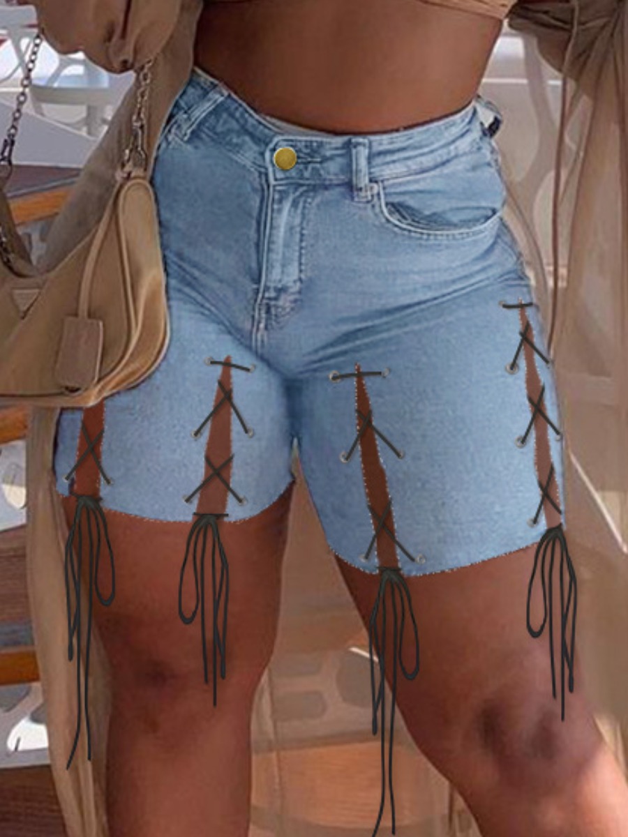 

LW Street Bandage Hollow-out Design Baby Blue Denim Shorts