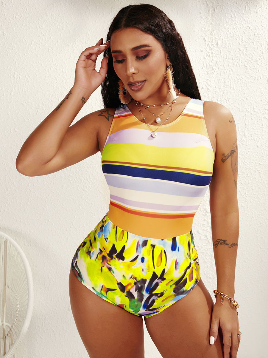 

Lovely Boho Print Striped Multicolor One-piece Swimsuit, Multi