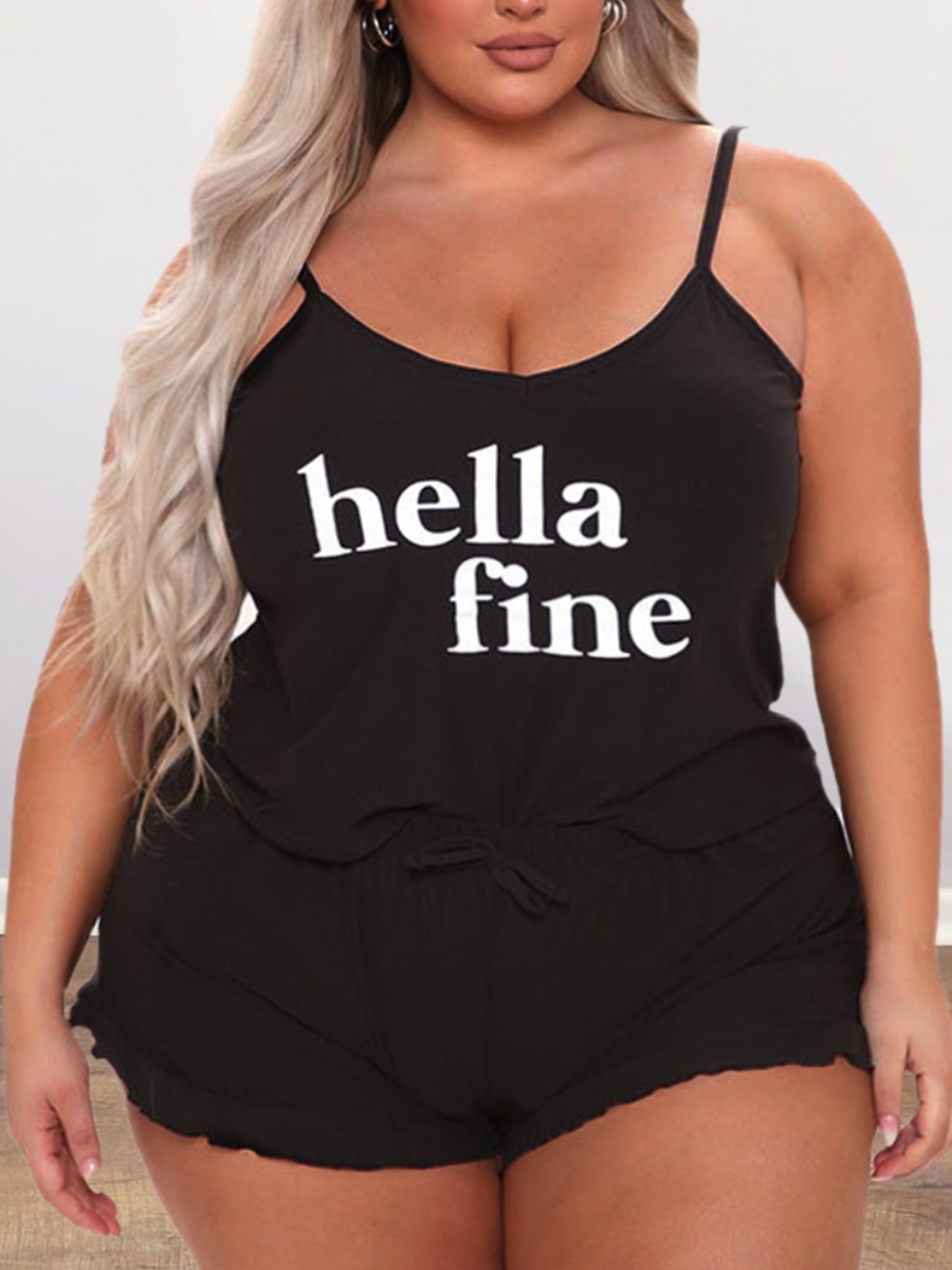 

Lovely Plus Size Casual Letter Print Drawstring Black Two-piece Shorts Set