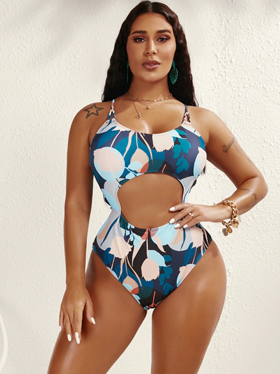 

Lovely Boho Floral Print Bandage Hollow-out Design Blue One-piece Swimsuit