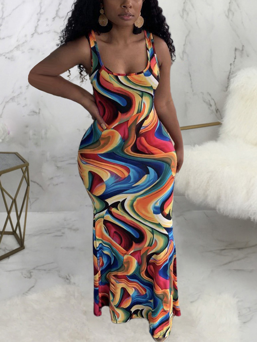 

Lovely Plus Size Boho U Neck Mixed Print Jacinth Floor Length Dress