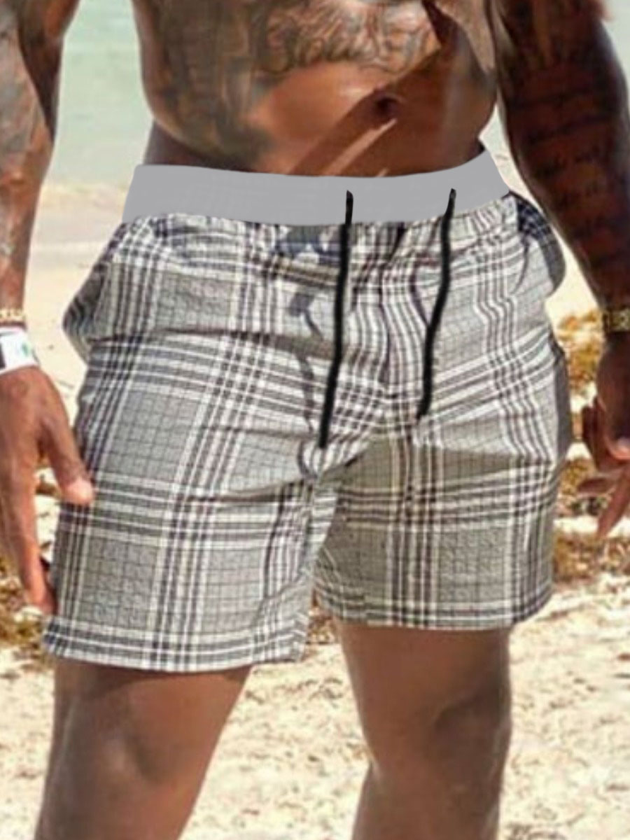 

Lovely Men Boho Plaid Print Drawstring Grey Swimming Trunk