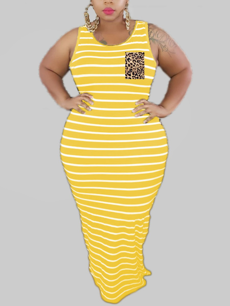 

Lovely Plus Size Casual Round Neck Striped Yellow Floor Length Dress