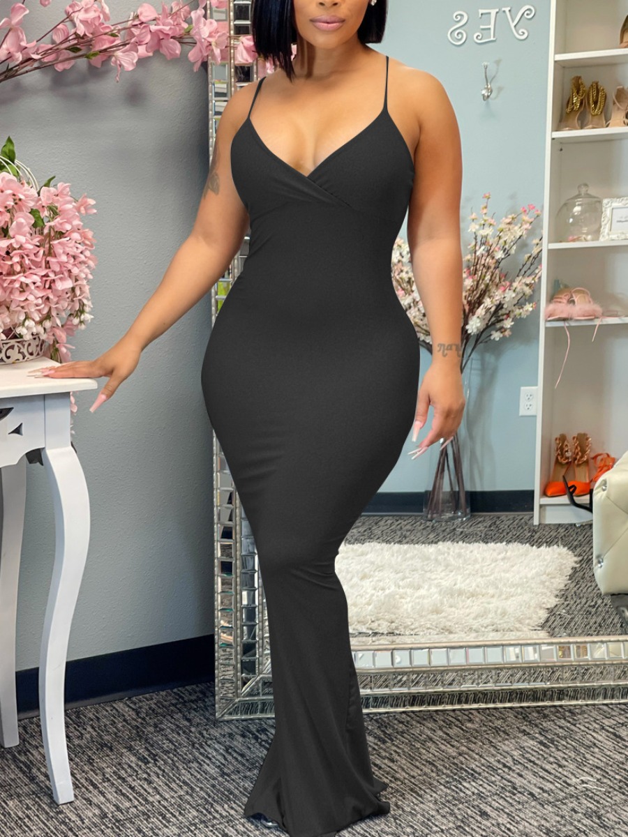 

LW Sexy Spaghetti Strap Slit Black Floor Length Dress