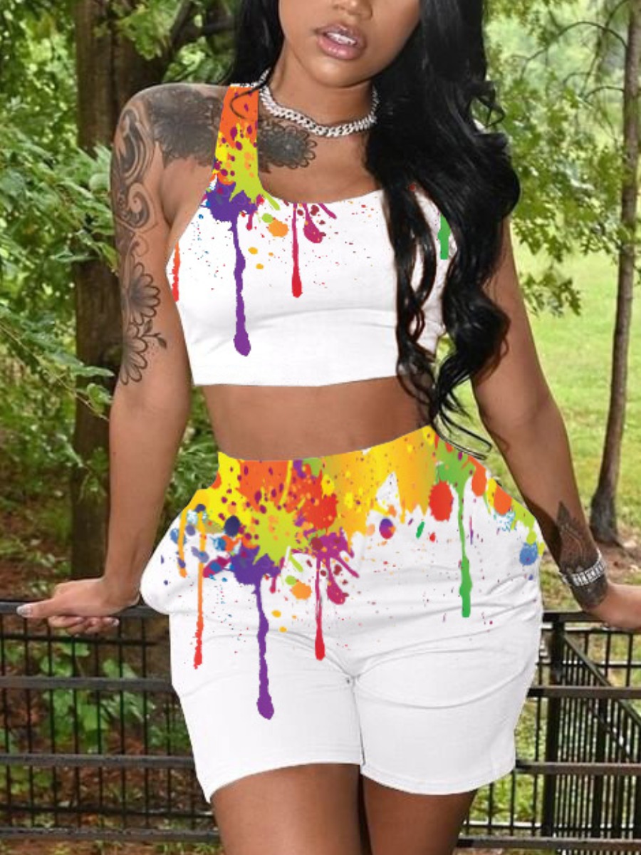 

Lovely Street U Neck Splash-ink Design White Two Piece Shorts Set