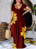 LW Plus Size U Neck Sunflower Print Dress