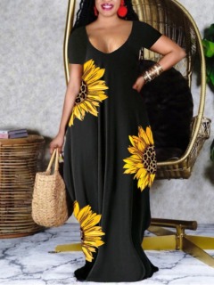 LW Plus Size Sunflower Casual U Neck Floral Print Black Floor Length Dress