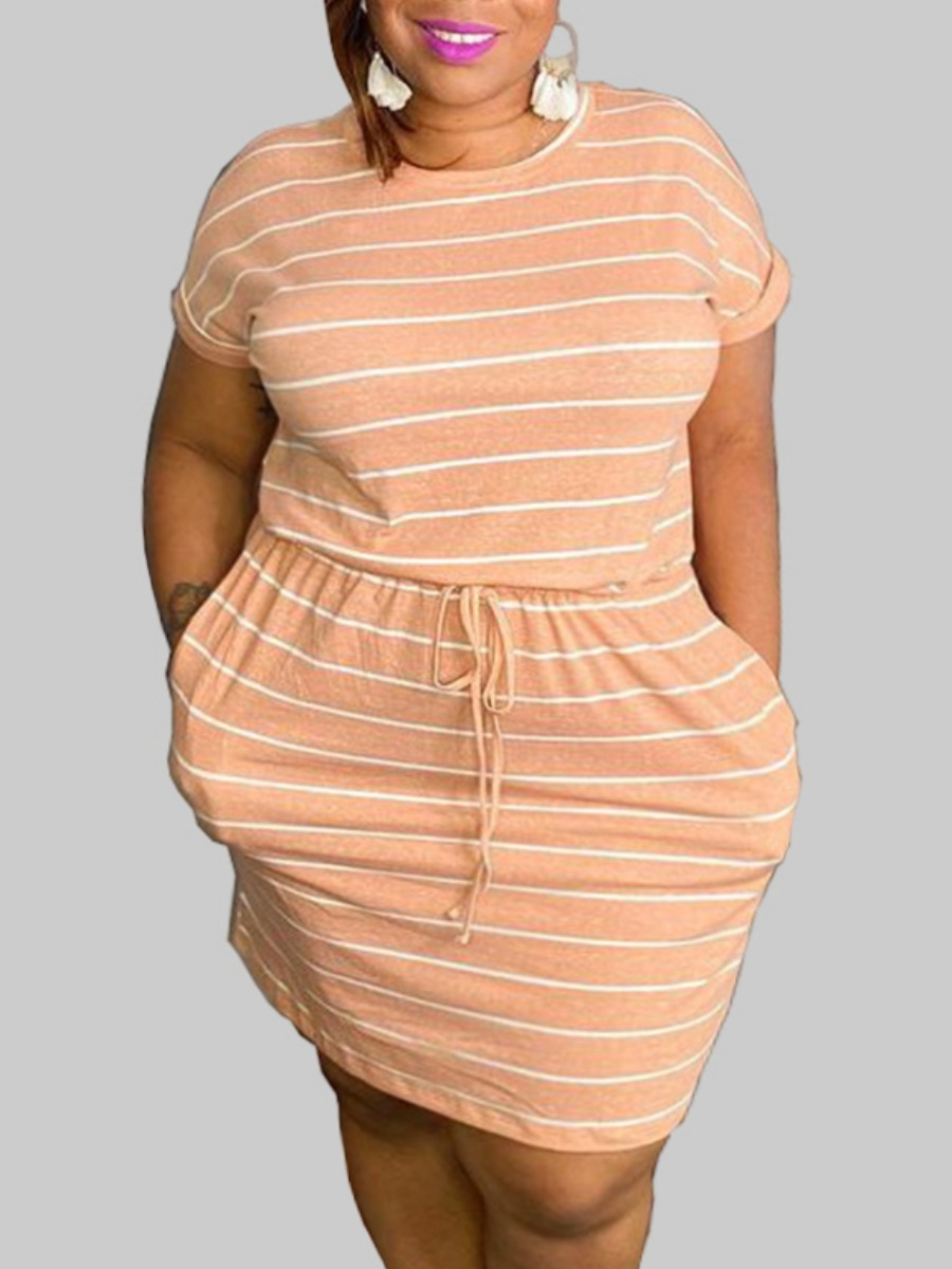 

Lovely Plus Size Casual Striped Drawstring Pink Knee Length Dress