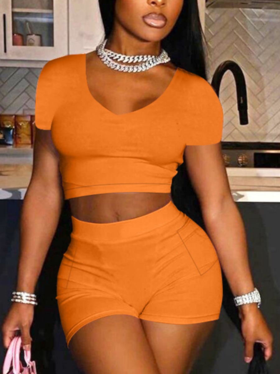 

Lovely Casual V Neck Skinny Croci Two Piece Shorts Set