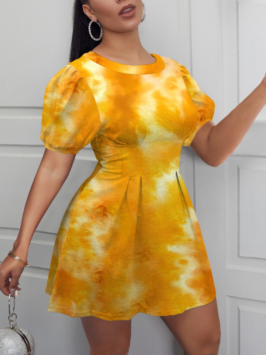 

LW Casual Tie-dye Ruffle Design Yellow Mini A Line Dress
