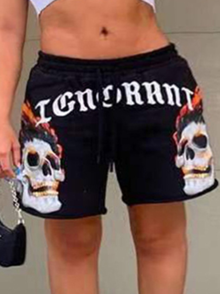 

Lovely Plus Size Street Skull Head Letter Print Drawstring Black Shorts