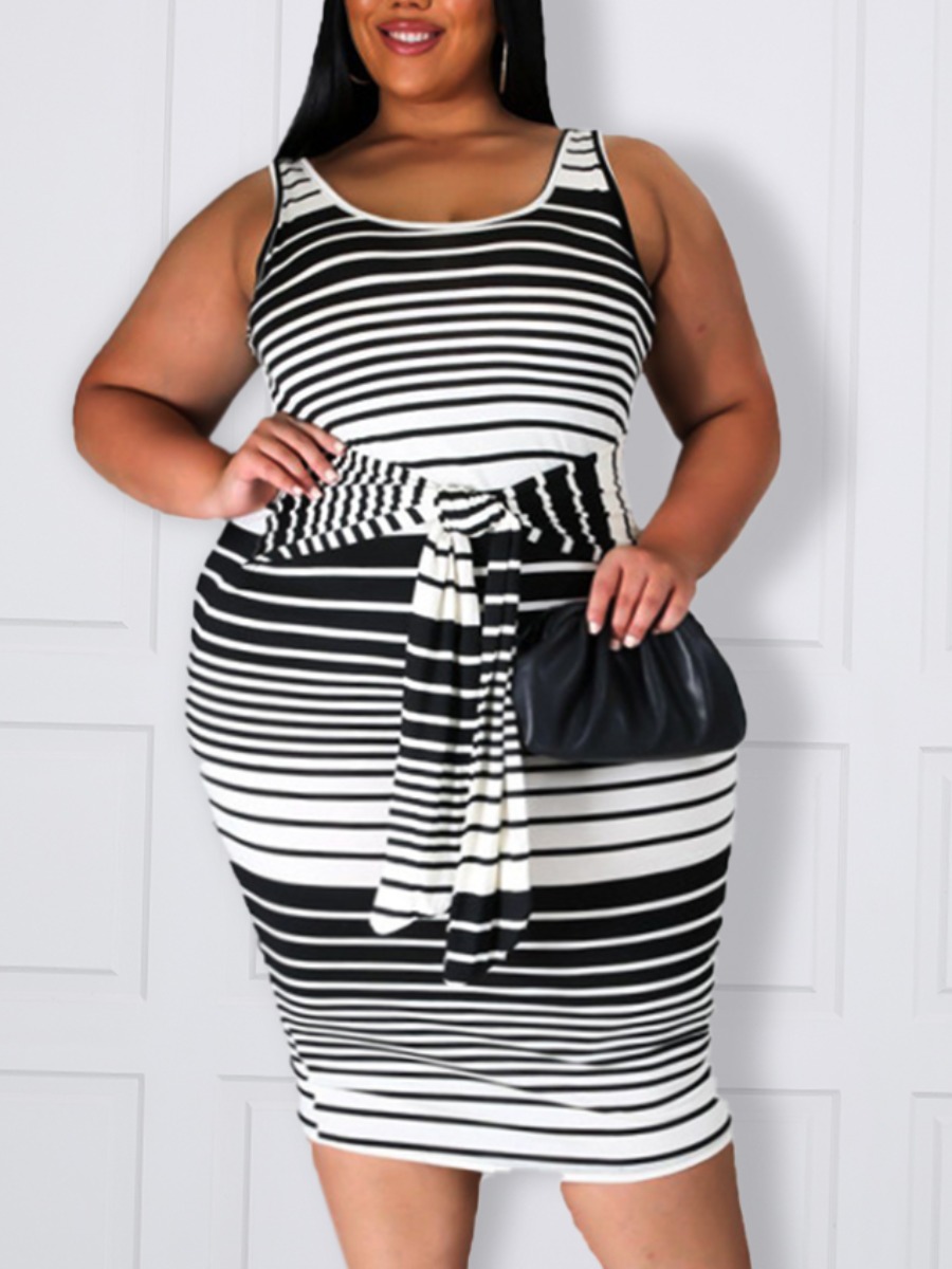 

Lovely Plus Size Casual Striped Bandage Design Black Knee Length Dress