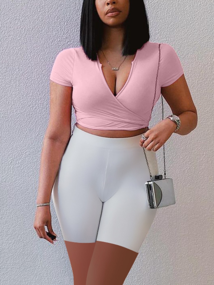 

Lovely Casual V Neck High-waisted Pink Two Piece Shorts Set