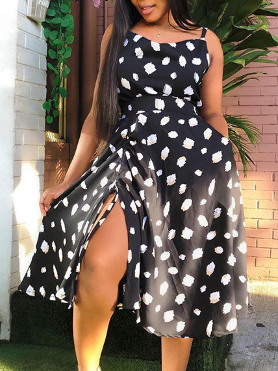 

Lovely Sexy Dot Print Slit Black Knee Length A Line Dress