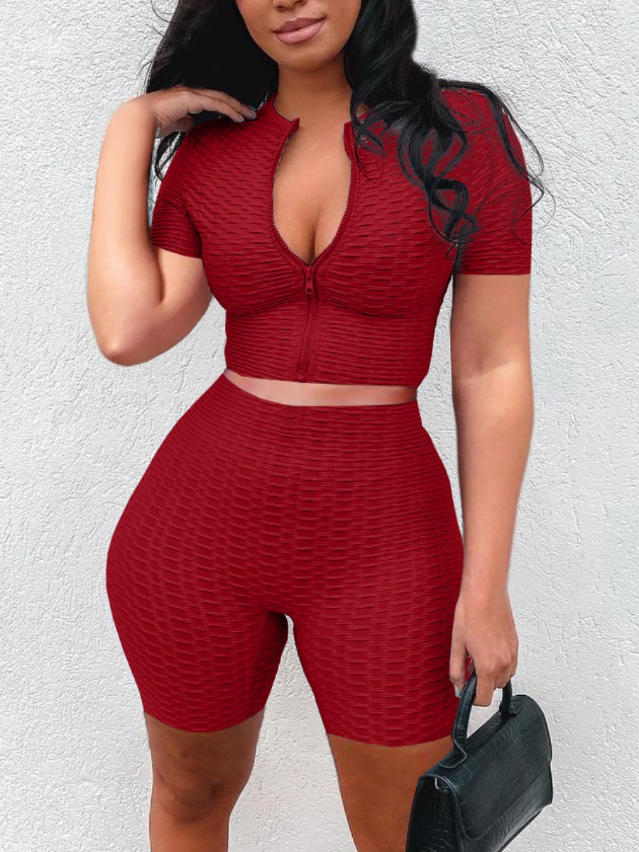 

Lovely Sporty Zipper Design High-waisted Wine Red Two Piece Shorts Set