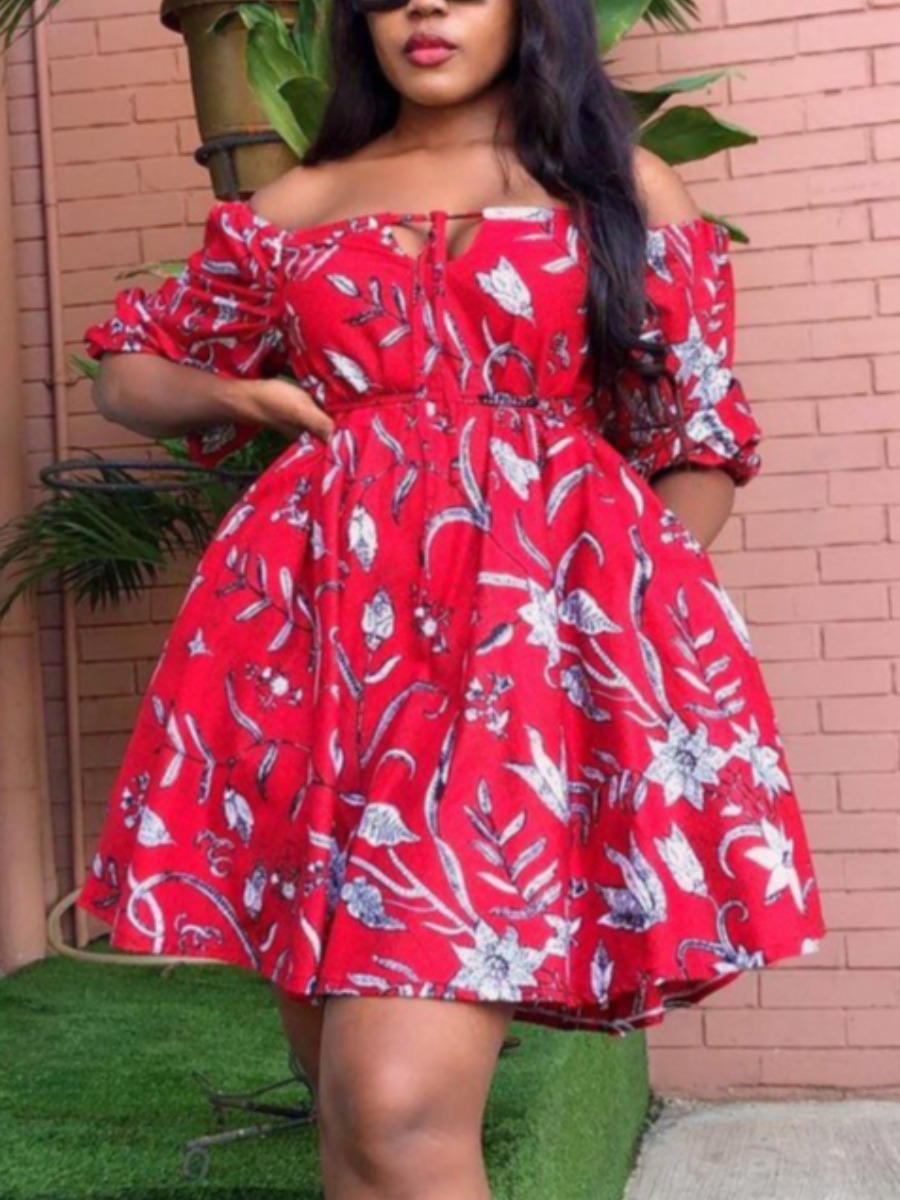 

Lovely Sweet Off The Shoulder Floral Print Red Mini A Line Dress