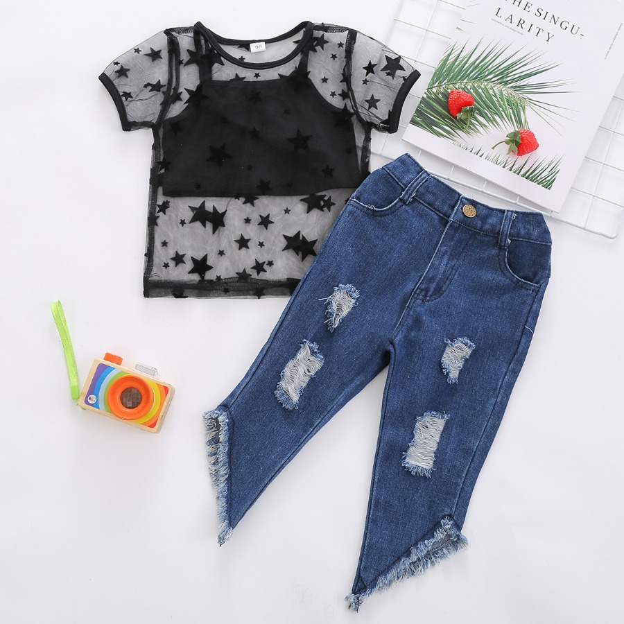 

LW COTTON Girl Street Star Print See-through Ripped Black Two Piece Pants Set