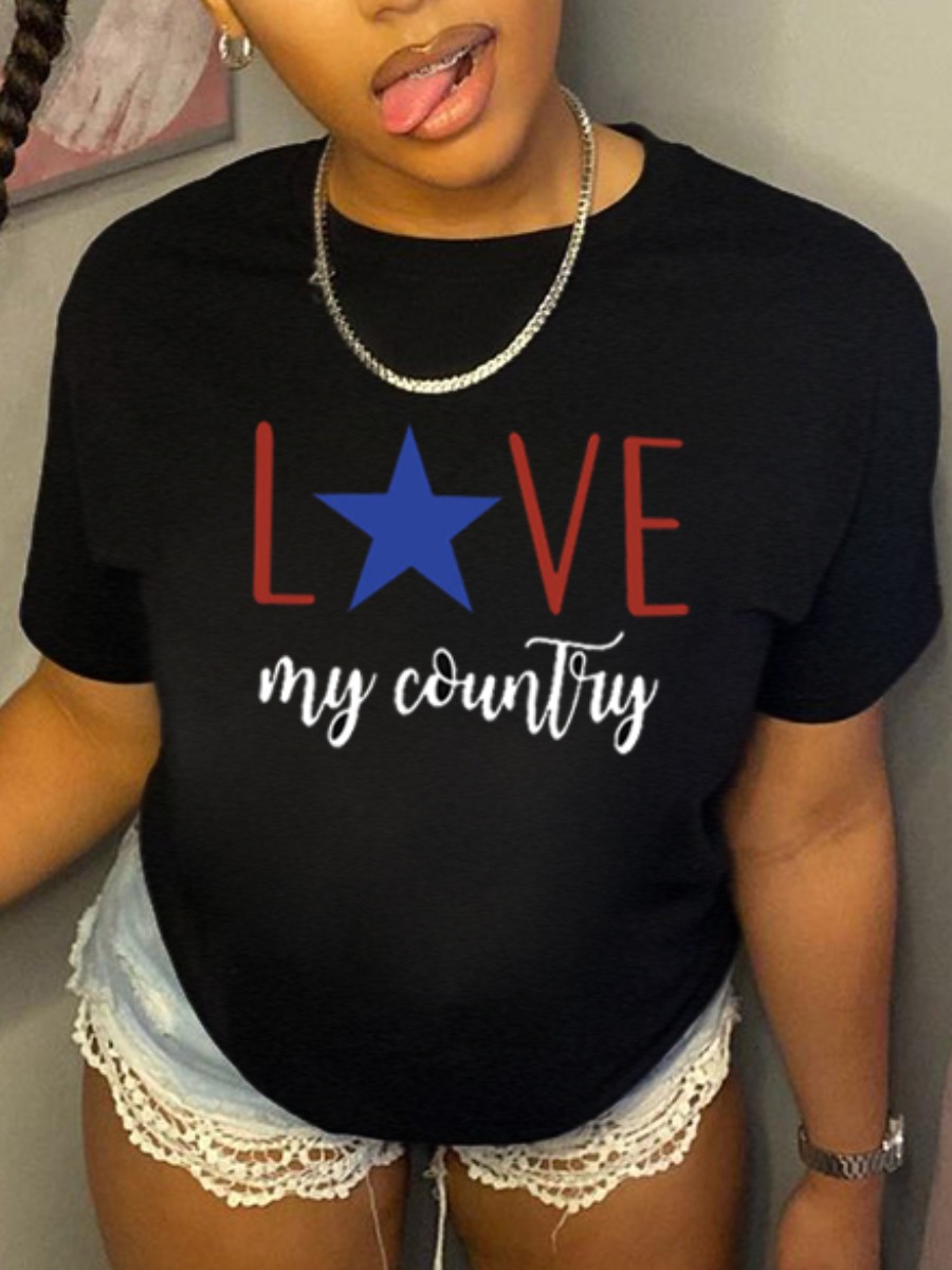 

LW Casual Star Letter Print Black T-shirt