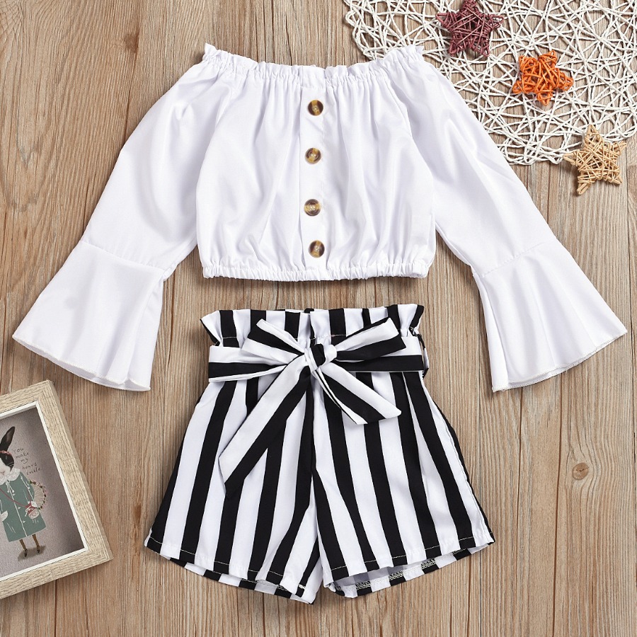 

LW COTTON Girl Sweet Striped Flared Bandage Design Two Piece Shorts Set, Stripe