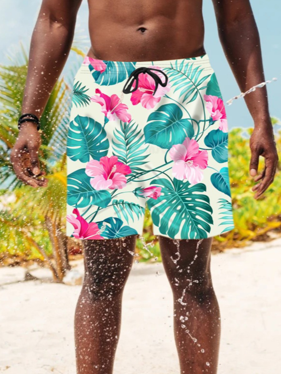 

Lovely Men Boho Floral Print Drawstring White Swimming Trunk