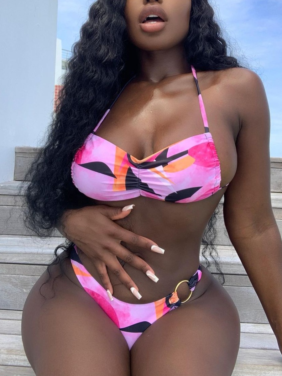 

Lovely Boho Print Ring Detail Pink Two-piece Swimsuit