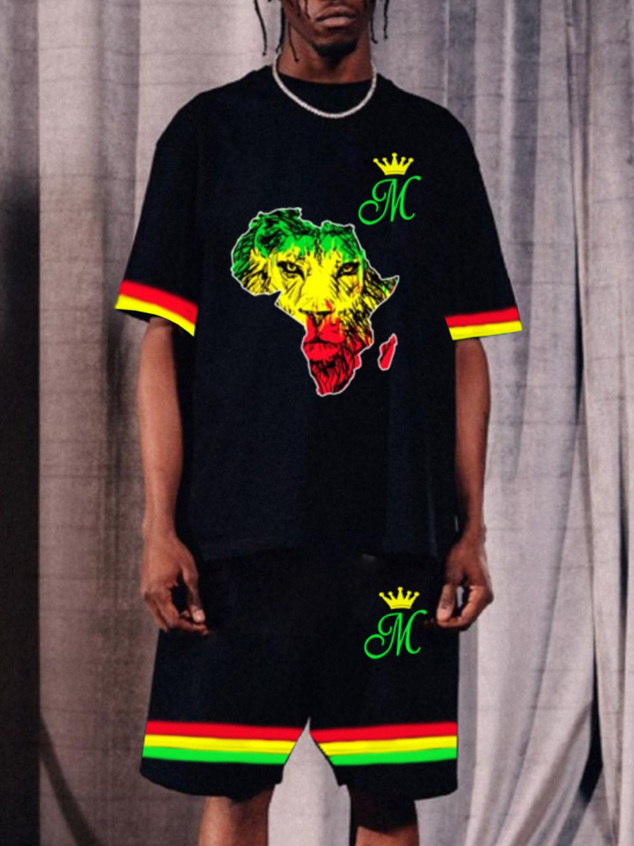 

Lovely Men Casual Africa Crown Letter Print Black Two Piece Shorts Set