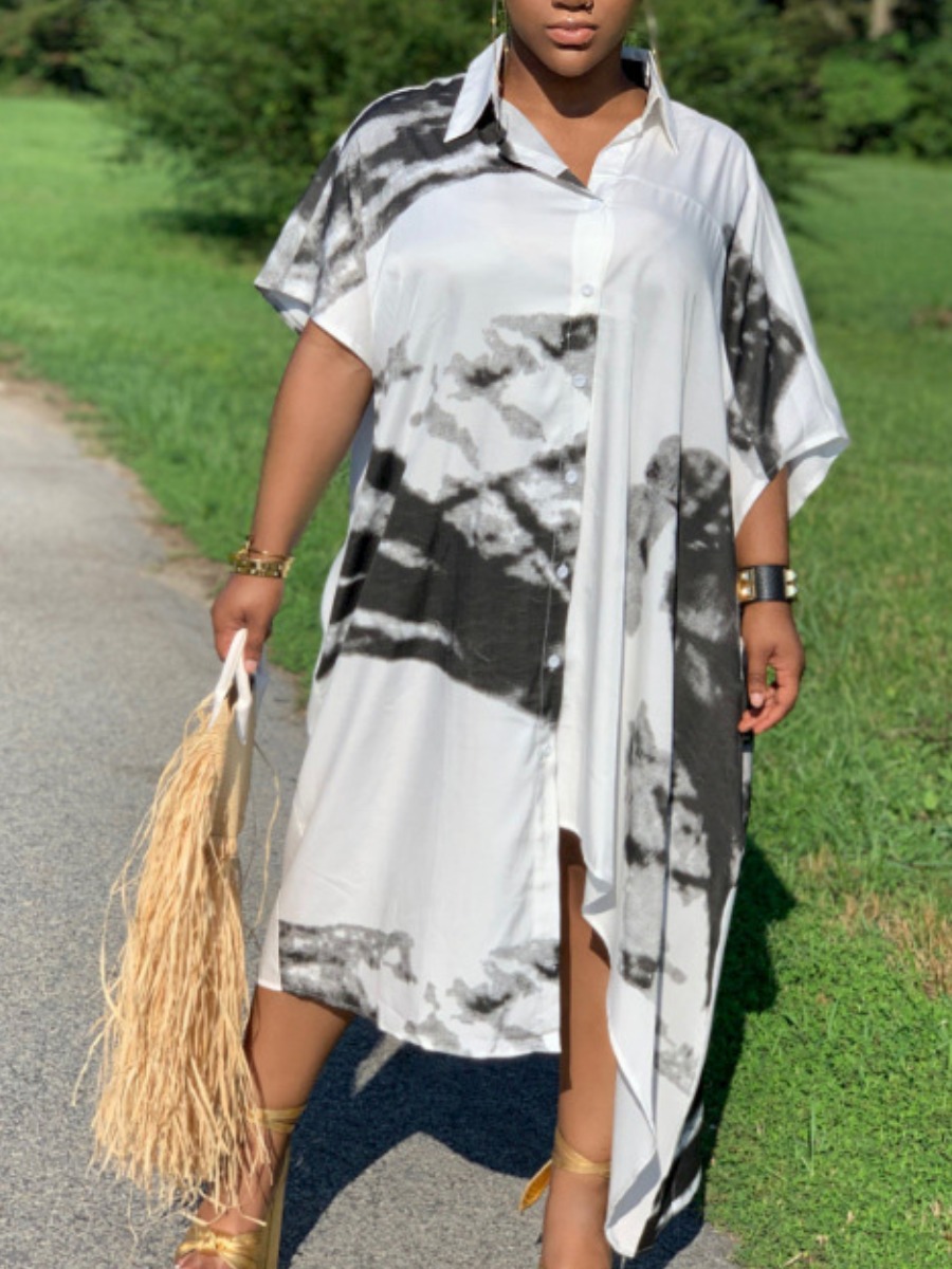 

Lovely Casual Dropped Shoulder Tie-dye Black Ankle Length Shirt Dress