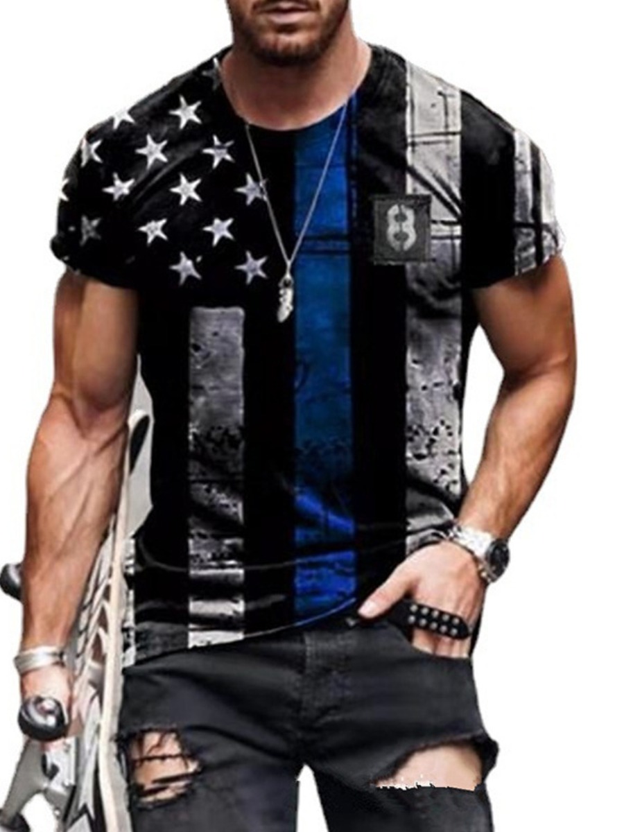 

LW Men Street American Flag Star Print Black T-shirt