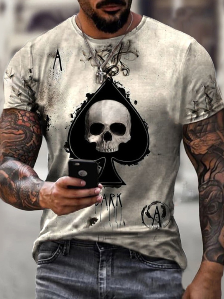 

LW Men Street Skull Head Letter Print Milk White T-shirt