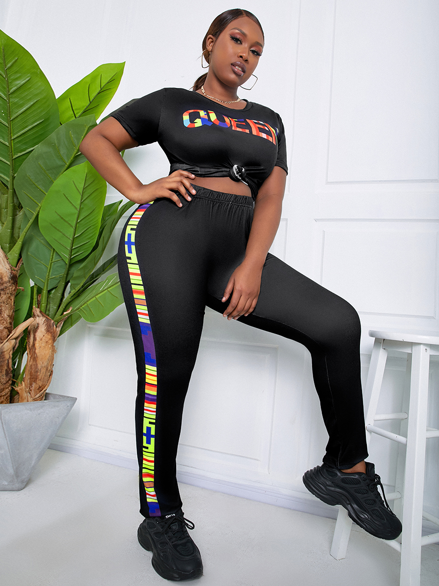 

LW Plus Size Casual Letter Print Striped Black Two-piece Pants Set