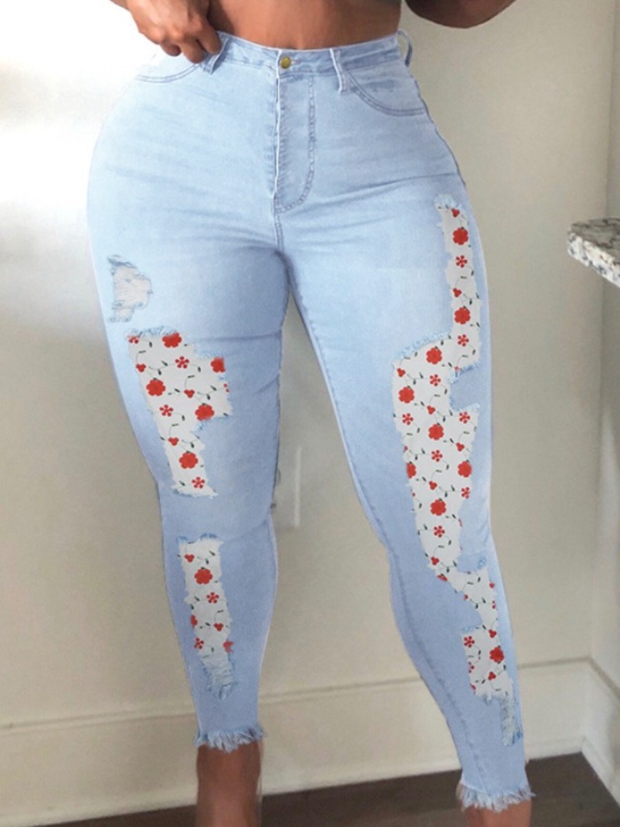 

Lovely Casual Floral Print Ripped Baby Blue Jeans