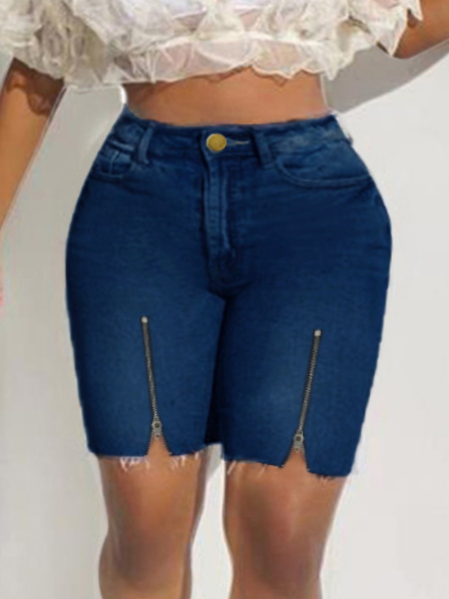 

Lovely Plus Size Street Raw Edge Zipper Design Blue Denim Shorts