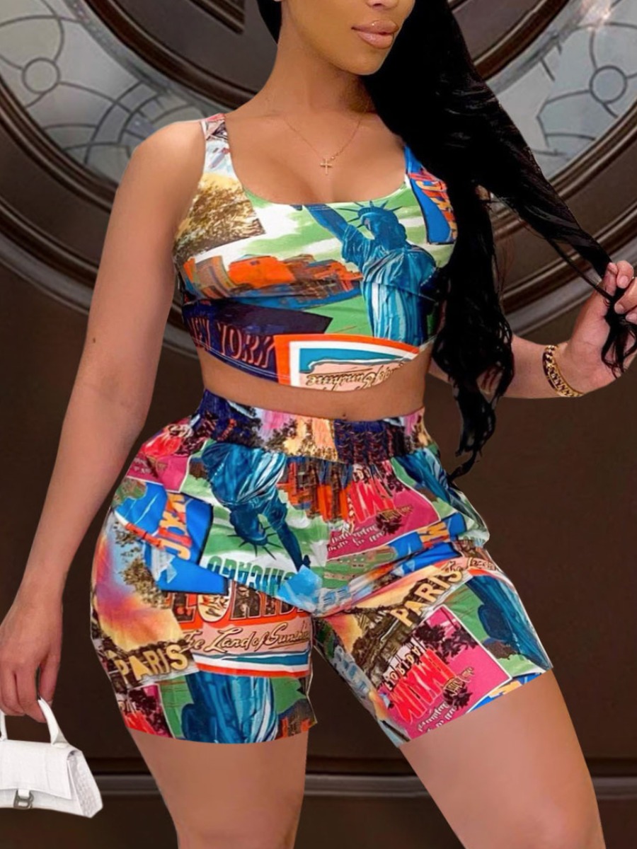 

Lovely Plus Size Casual Letter Print Patchwork Multicolor Two-piece Shorts Set, Multi