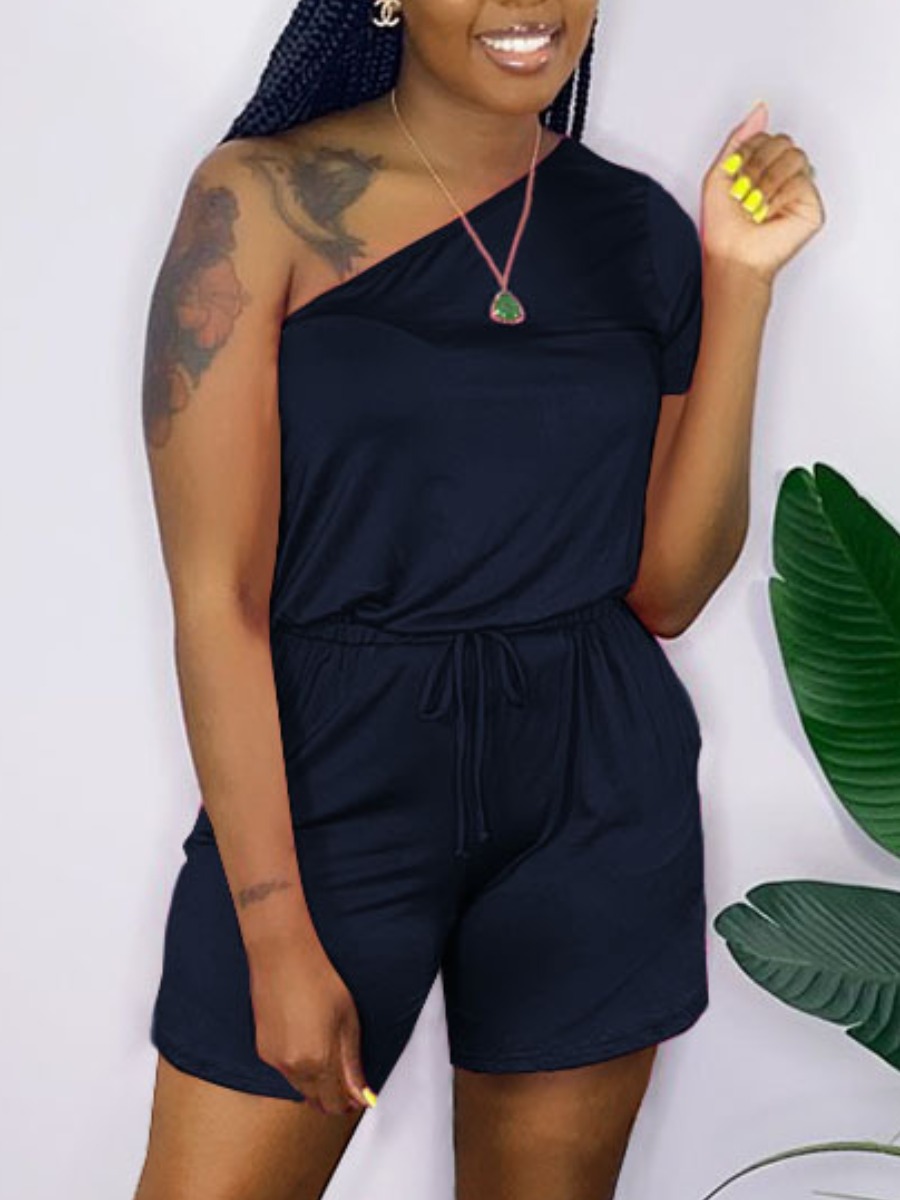 

LW Casual One Shoulder Drawstring Black One-piece Romper