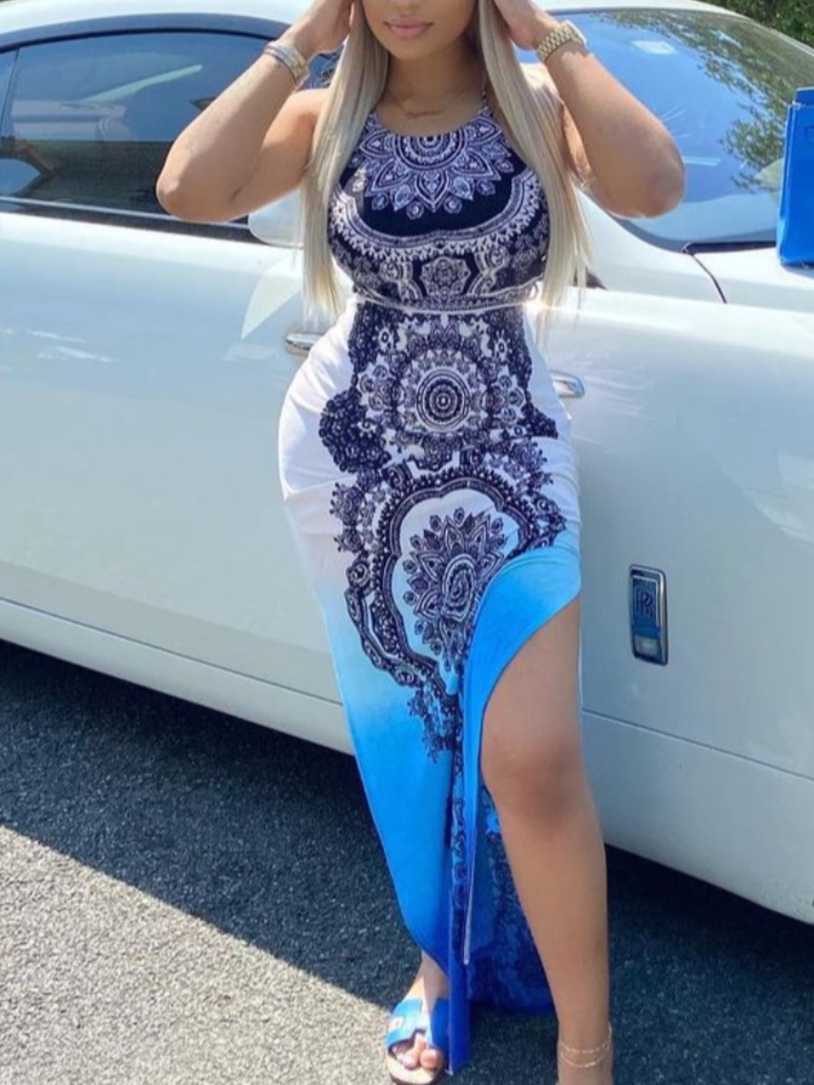

LW Boho Print Backless Slit Blue Ankle Length Dress
