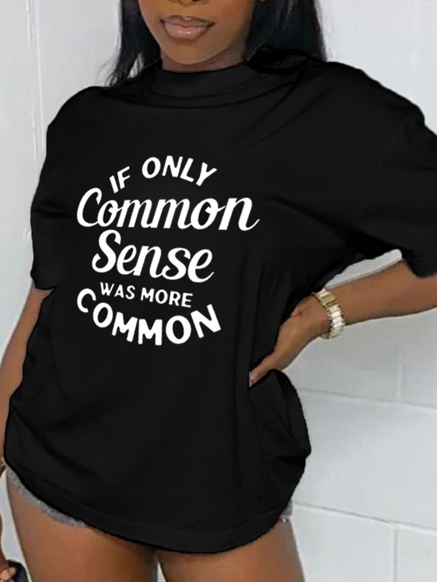 

LW Casual Round Neck Letter Print Black T-shirt